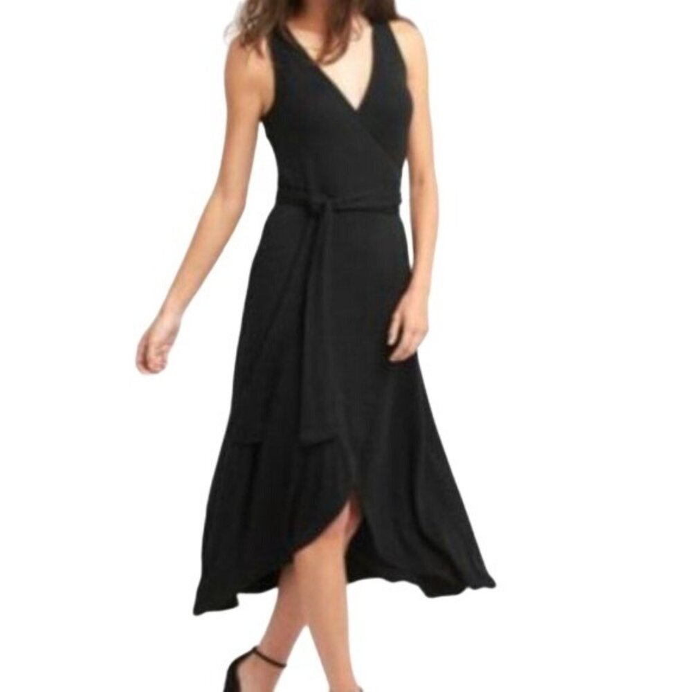 GAP Black Sleeveless Knit Wrap Midi V-Neck Dress with Waist Tie M